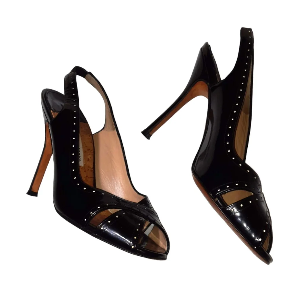 MANOLO BLAHNIK Slingback Sandals Black Perforated Patent Size 39 Peep Toe Pump - Picture 6 of 13